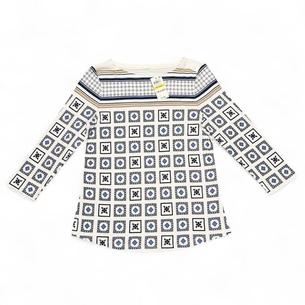 Charter Club Petite Women's Tile Print Boat-Neck Top - Size PM